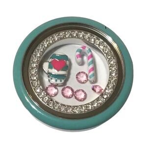 Large Origami Owl Teal Locket Face & Silver Rhinestone Ring & Charms